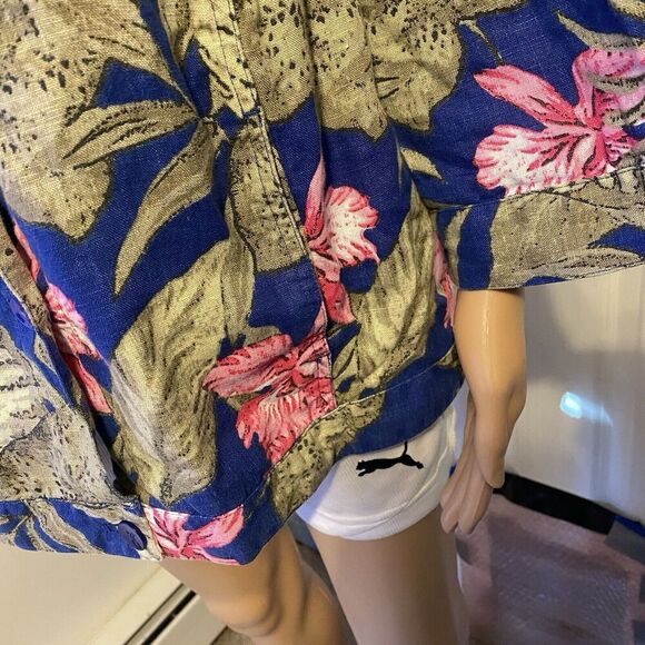 Chico's Linen Women Button Front Shirt Jacket Top Sz 3/XL Floral Blue Pocket - Picture 8 of 9